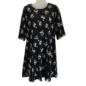 Poppy Lux US 12 A-Line Dress Black Floral Print Half Sleeve Pleated